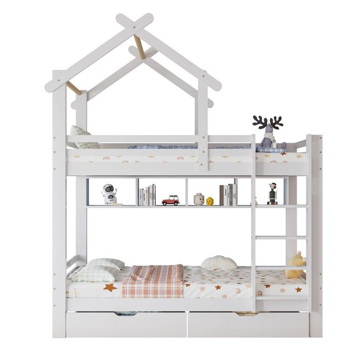 Lit Superposé Familial 90x200 Blanc Pin 3 Niveaux avec Échelle Tiroirs Étagères et Grille de Sécurité Sans Matelas