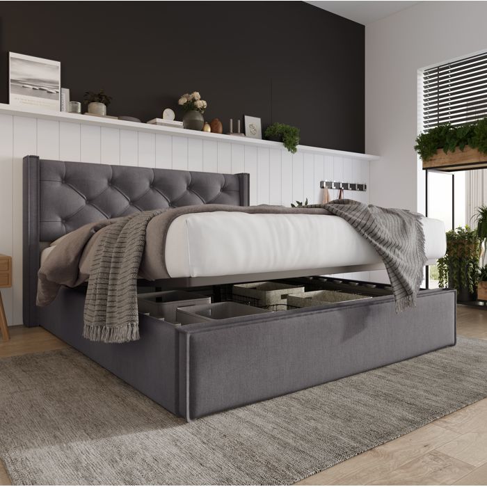 Lit coffre rembourre 140 x 200 cm EVRYAE avec relevage hydraulique tete de lit capitonnee gris