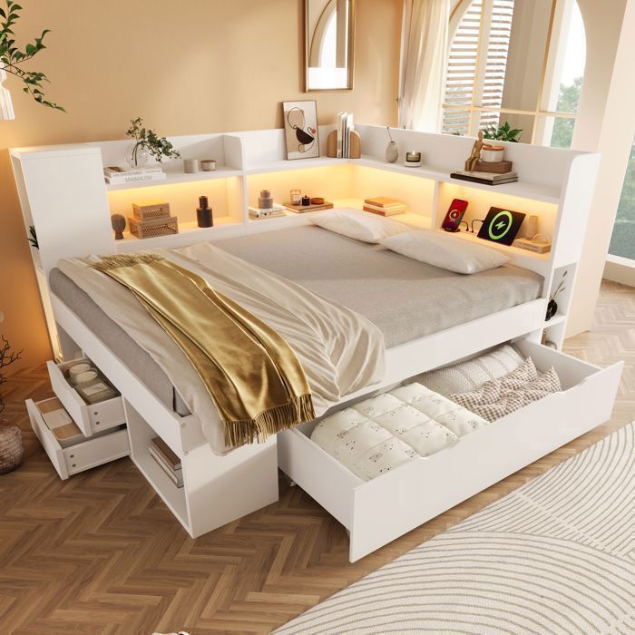 Lit Multifonction - 140x200 cm - Blanc - avec LED - Rangement - Tiroirs - USB Type-C - Sommier Inclus - Lit Banquette