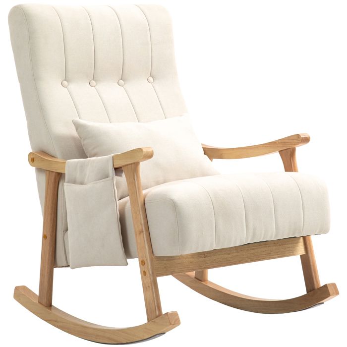 Fauteuil à bascule rembourré - Coussin lombaire - Poche latérale - Cadre en bois de hêtre - Beige - 90x65x98 cm