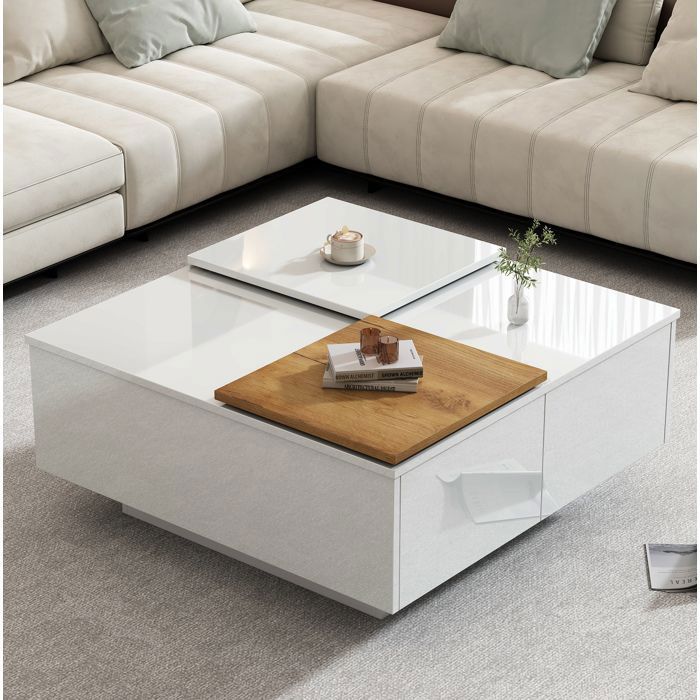 Table basse carrée blanche 75 x 75 x 335 cm plateau mobile 4 tiroirs surface brillante
