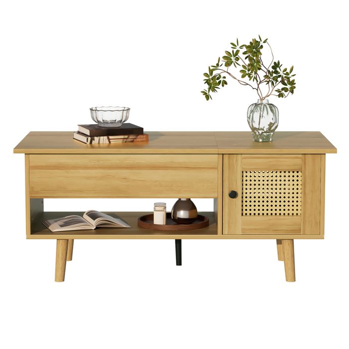 Table basse relevable effet bois avec portes imitation rotin et accents noirs