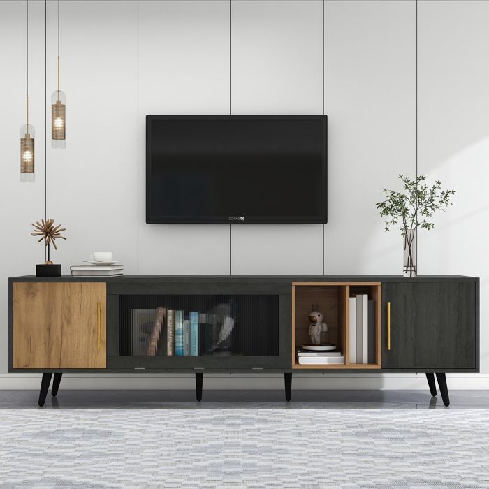 Meuble TV - KOMHTOM - 200 x 40 x 55 5 cm - Pour TV jusquà 90 pouces - 3 portes (1 verre) - Niche ouverte Meuble TV - KOMHTOM - 200 x 40 x 55 5 cm - Pour TV jusquà 90 pouces - 3 portes (1 verre) - Niche ouverte