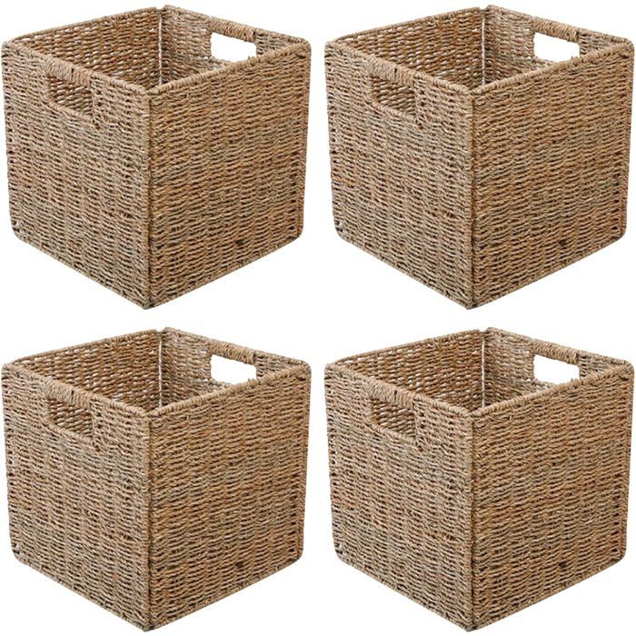 Lot de 4 Paniers de Rangement en Osier Tressé Pliables - 28x28x28 cm avec Poignées - Organisation Étagères Placards