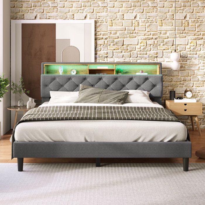 Luscriate - Lit capitonné 140x200 cm - Lit double avec tête de lit et rangement - Lit capitonné avec éclairage LED - Gris