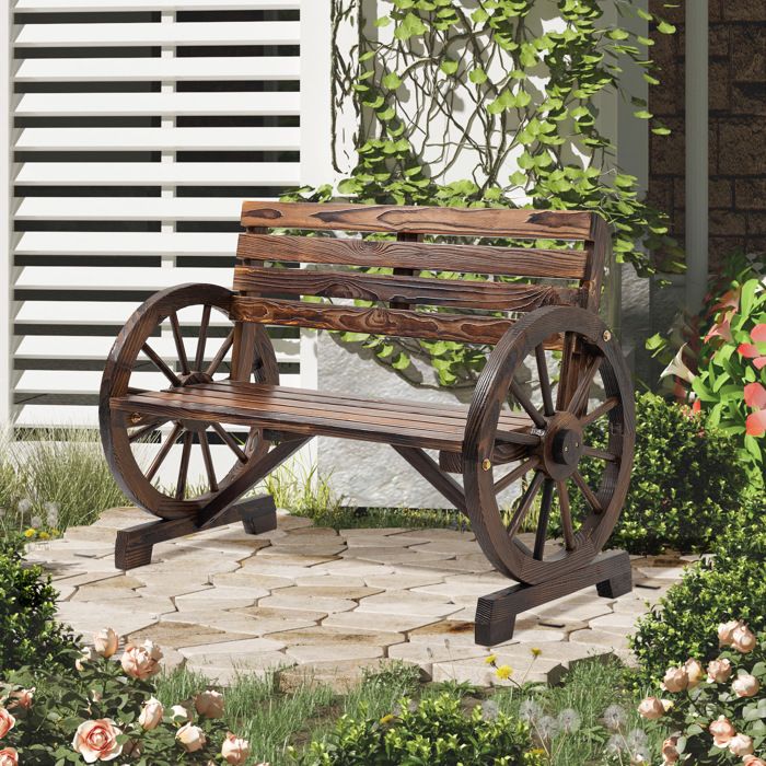 Banc de jardin 2 personnes design roue de chariot bois naturel brun foncé 1055 x 56 x 79 cm