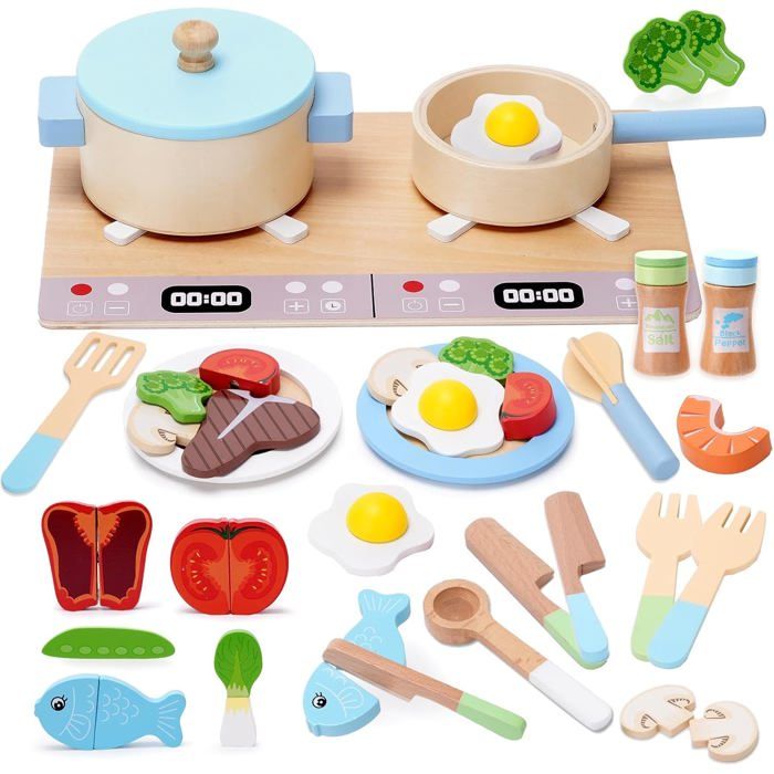 Accessoire cuisine enfant en bois : pots casseroles jouet fruits et légumes à découper. Jeu de rôle éducatif pour filles et garçon