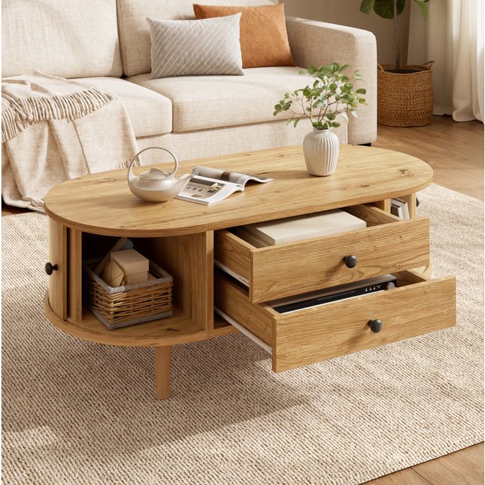 Table basse ovale relevable en MDF effet chêne 2 tiroirs portes coulissantes et rangement fermé ORVRYN