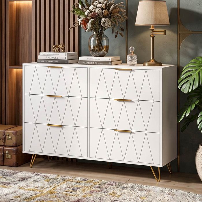 Commode Chic 100x34x72.5cm en Bois Blanc Mat  6 Grands Tiroirs de Rangement  Façade Motif Diamant  Pieds Métal Doré Élégant