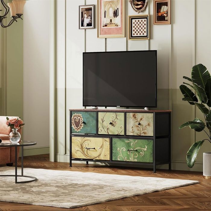 Buffet Bas - 100x30x55cm - 5 Tiroirs Rétro Multi-Motifs Chiffonnier Cabinet Meuble Rangement Cuisine Salle à Manger - Noir