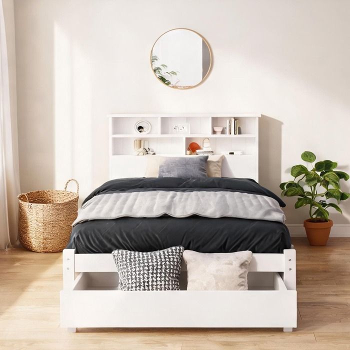 Lit une place 90x200 cm en bois massif avec tiroirs et tête bibliothèque soft white