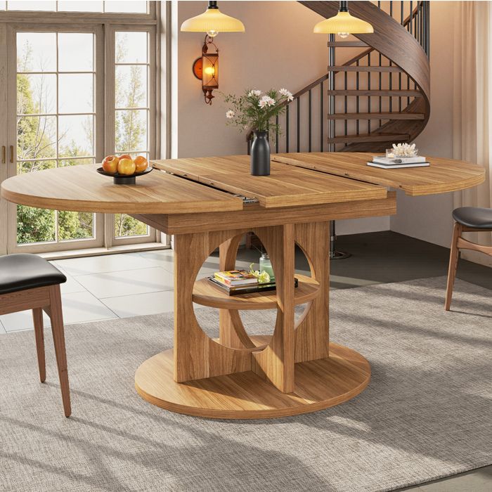 Table à manger extensible 110-150 cm ronde à ovale avec rangement aspect bois MDF et métal