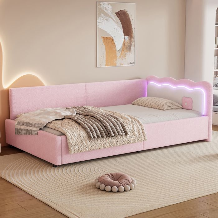 Lit de jour 90x200 cm en velours rose avec LED dambiance sommier à lattes inclus sans matelas rose