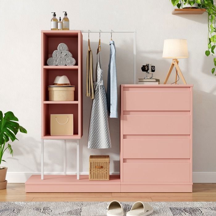Armoire penderie SENVIRO - 4 tiroirs 3 niches barre de penderie 140 x 40 x 135 cm rose et blanc