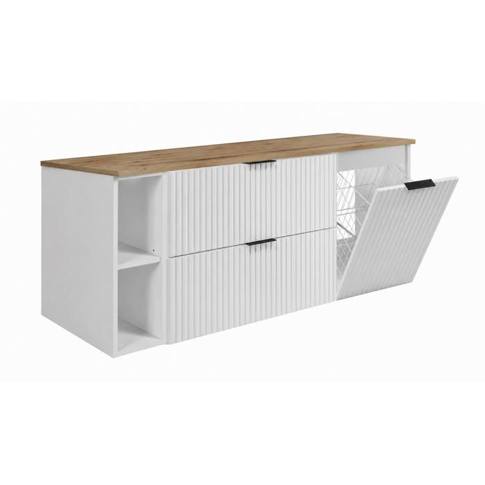 Meuble sous vasque - Blanc / Plan chêne clair / Poignées noires - Panier à linge - 2 tiroirs + 1 porte - Suspendu 140×57×46 cm