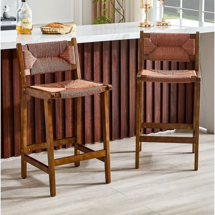 Lot 2 tabourets hauts pour îlot de cuisine structure en bois massif tressage en corde style campagne