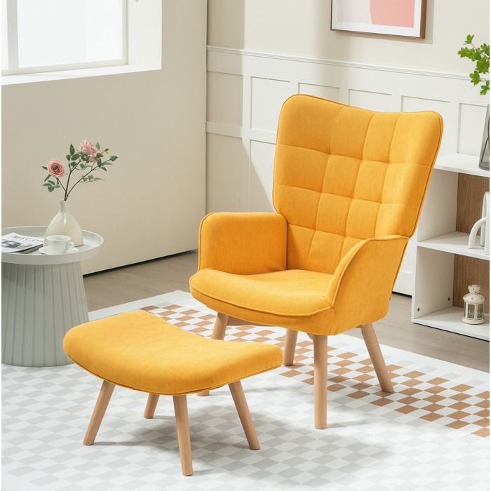 Fauteuil TV avec accoudoirs et pouf revêtement côtelé pieds en bois orange