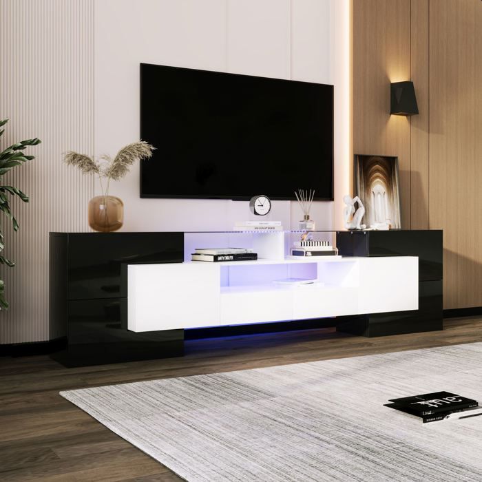 Meuble tv 200 cm blanc et noir brillant avec led et plateau en verre design moderne