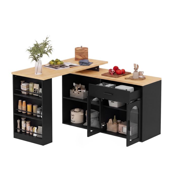 Îlot central de cuisine – plateau pivotant 360° – rangement avec tiroir – noir et naturel