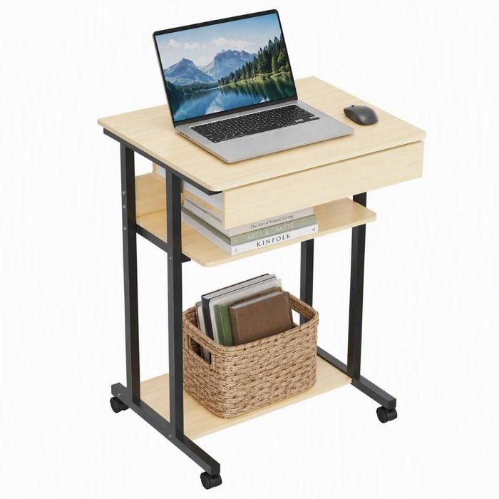 KEDIA Bureau dOrdinateur Avec 1 Tiroir et 2 Etagères Couleur érable blanc 51*51*79.5cm Pour Bureau Salon Chambre Roues