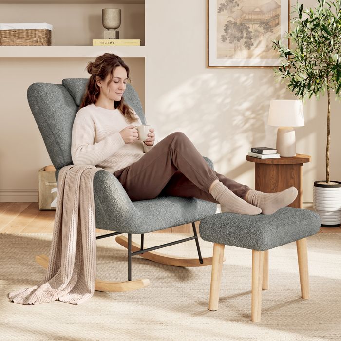 Rocking Chair Gris en Sherpa avec Appui-Tête et Coussin Lombaire Repose-Pieds Dossier Confortable et Poche de Rangement Latérale