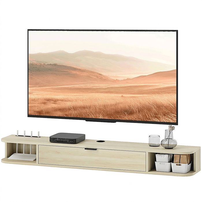 Meuble TV suspendu - Banc TV mural 60 pouces tiroir rabattable 2 niches - 140 x 24 x 16 cm - Bois naturel
