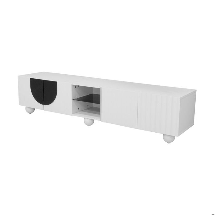 Meuble TV bas 180 cm blanc et noir – Portes push-to-open et niche ouverte