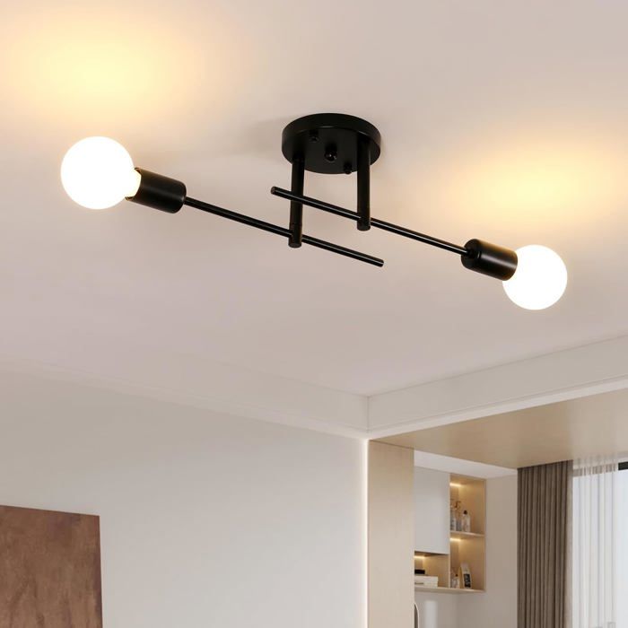 Plafonnier Industriel 2 Lumières - Métal Noir - Design Vintage Réglable - Pour Salon Chambre Cuisine - Fixation E27 AUGE