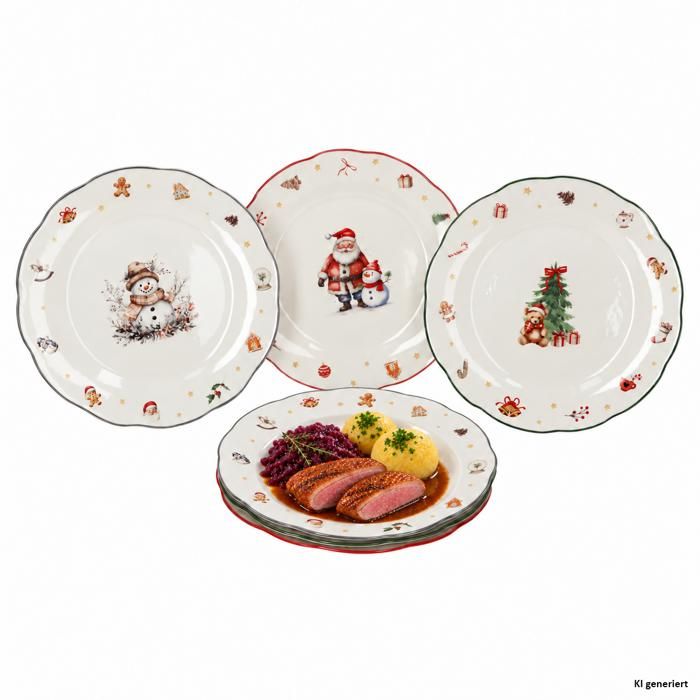 MamboCat Set de 6 assiettes NAVIDAD Gris Vert & Rouge en porcelaine