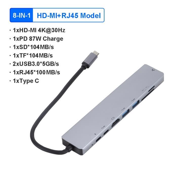 DEMKICO Hub USB C 8 En 1 - Adaptateur Avec Ports USB, SD, Jack 3,5mm
