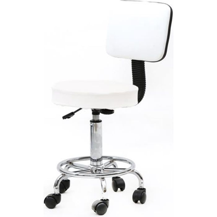 tabouret de bureau à roulettes reglable en hauteur pivotant avec dossier ergonomique blanc
