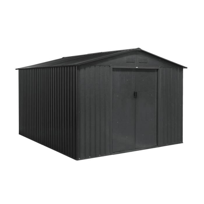 Abri de jardin en métal - FLANDRES 8.84m² gris anthracite - Cabane à outils avec deux grandes portes coulissantes. kit de fixation