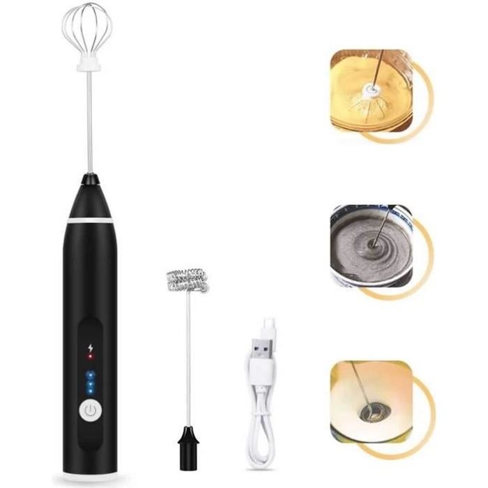 Mousseur Lait Recharge Usb Mini Batteur à Œufs Pour Café Mousseur à Lait Électrique Cappuccino Café au Lait Mousseur à Café Fouet Électrique à Mousse De Lait avec 3 Fouets et 3 Vitesses Réglables