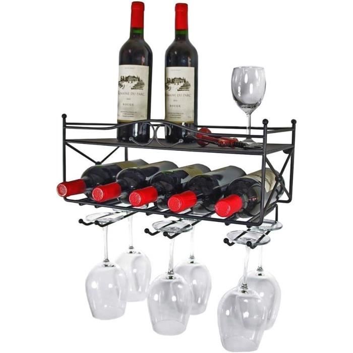 Casier à Vin Mural LED 90cm - Présentoir Avec Porte-Verres & Étagères Réglables - Style Industriel Métal