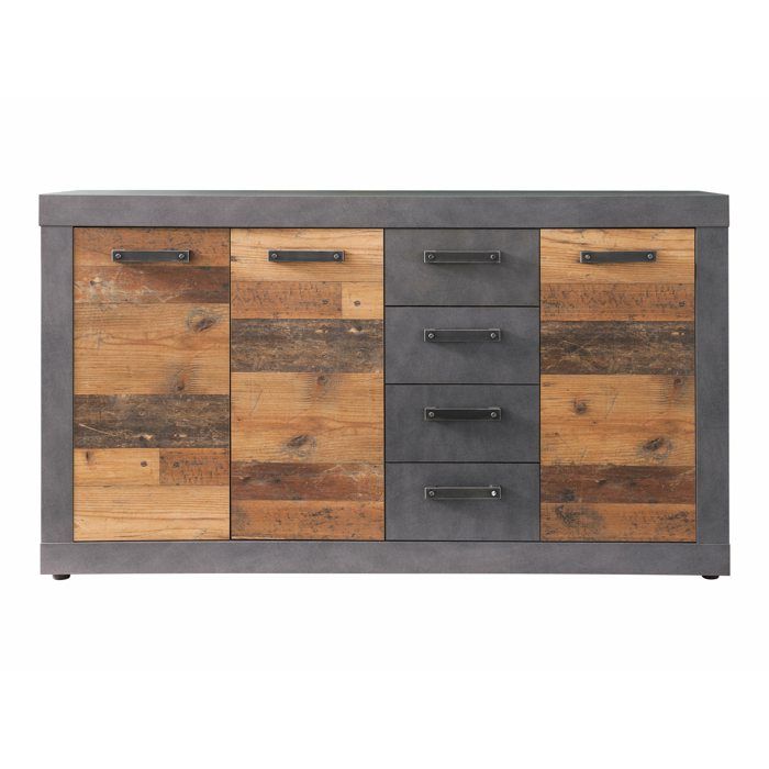 Meuble chambre. Commode avec 4 tiroirs en mélaminé coloris gris ciment portes bois effet vieilli. L - H - P : 151 - 86 - 37 cm. Meuble chambre. Commode avec 4 tiroirs en mélaminé coloris gris ciment portes bois effet vieilli. L - H - P : 151 - 86 - 37 cm.