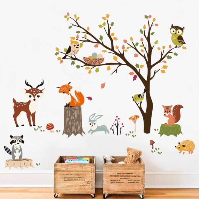 pour chambre d'enfant écureuil salle de classe Toise murale pour enfants papier peint autocollant amovible jolis animaux de la forêt crèche arbre souris chouette 