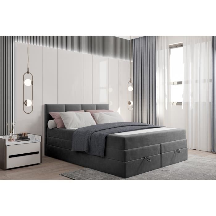Lit adulte 160x200 cm PRADO avec rangement et matelas ressorts ensachés - tissu velours - gris foncé Lit adulte 160x200 cm PRADO avec rangement et matelas ressorts ensachés - tissu velours - gris foncé