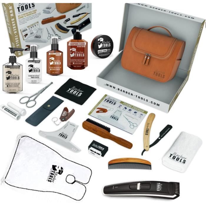 Kit/Set/Coffret (16 produits) d'entretien et de soin pour barbe et rasage + Tondeuse et Bavoir - Cosmetique Made in France