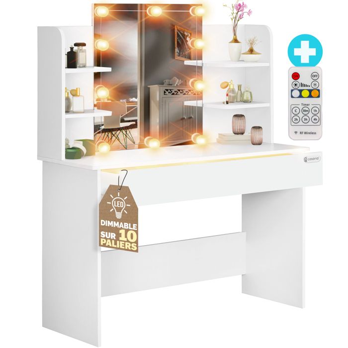 Casaria Coiffeuse Lucia Blanc miroir éclairage LED table de maquillage chambre dressing rangement tioir 3 compartiments