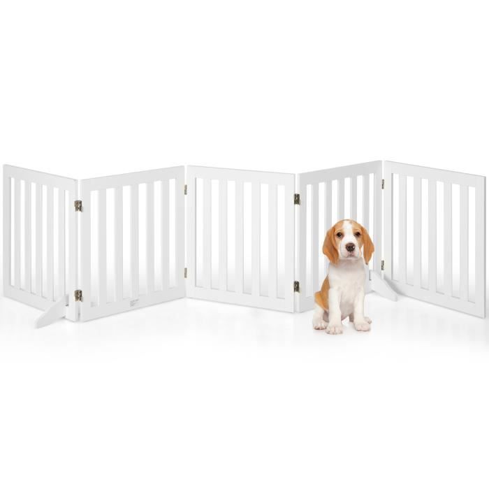 Comparer les prix de COSTWAY Barrière de Sécurité pour Chien 5 Panneaux avec 2 Pieds de Soutien 254x60 CM Barrière Modulable Pliable pour Animaux Blanc
