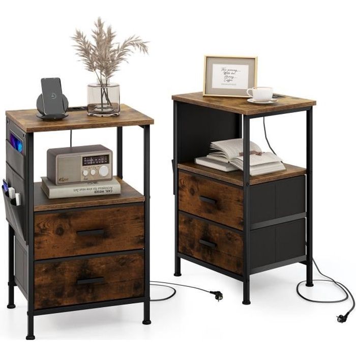 COSTWAY Lot de 2 Tables de Chevet Industrielles avec Station de Charge-Ports USB et Prises CA 2 Tiroirs et 6 Poches Latérales COSTWAY Lot de 2 Tables de Chevet Industrielles avec Station de Charge-Ports USB et Prises CA 2 Tiroirs et 6 Poches Latérales