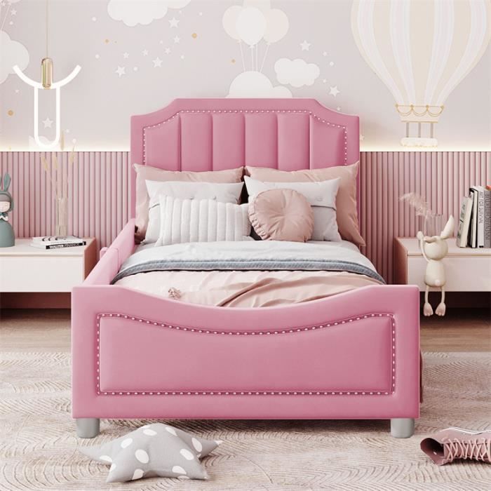Lit enfant - DREAMMESPACE - 90x200 cm - Rembourré en flanelle - Rose - Sommier à lattes inclus