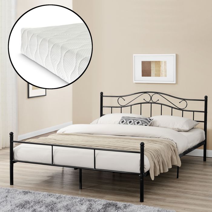 Cadre De Lit Double Florenz avec matelas 180 x 200 cm Noir [en.casa]