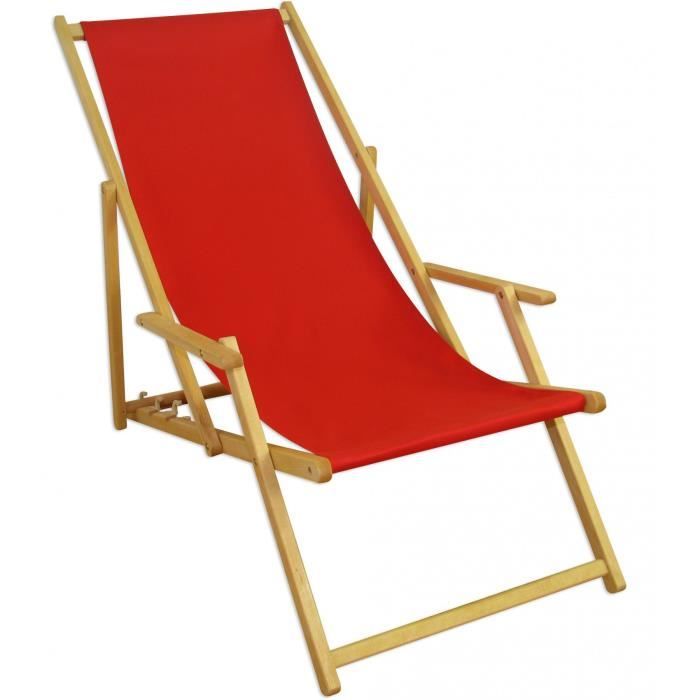 chaise longue de jardin rouge, chilienne, bain de soleil pliant, en bois naturel 10-308n