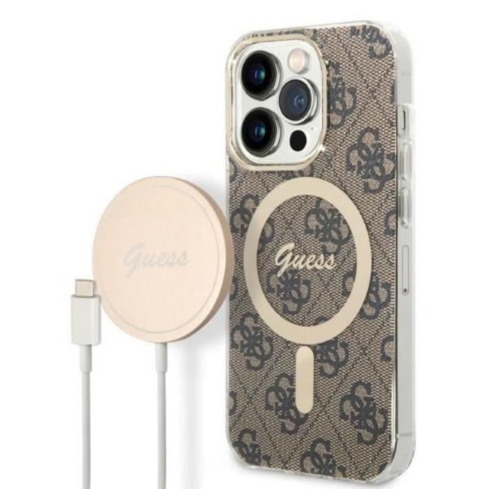 Guess Bundle Pack MagSafe 4G Ensemble coque pour iPhone 14 Pro Max + chargeur MagSafe Or 3666339102920