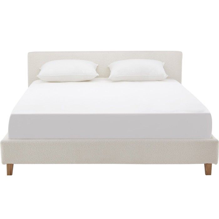 Lit adulte 140x190 cm avec tête de lit capitonnée en tissu bouclé beige - Milo Lit adulte 140x190 cm avec tête de lit capitonnée en tissu bouclé beige - Milo