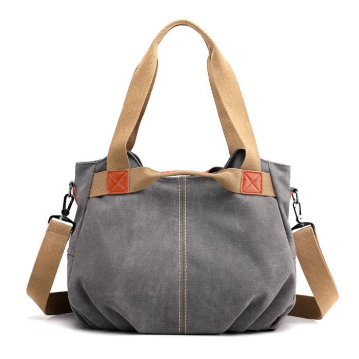 Sac à Main en Toile Femme Sac Bandoulière Grande Capacité Sac d'épaule Couleur Unie Pour Travail Loisir Shopping -Gris