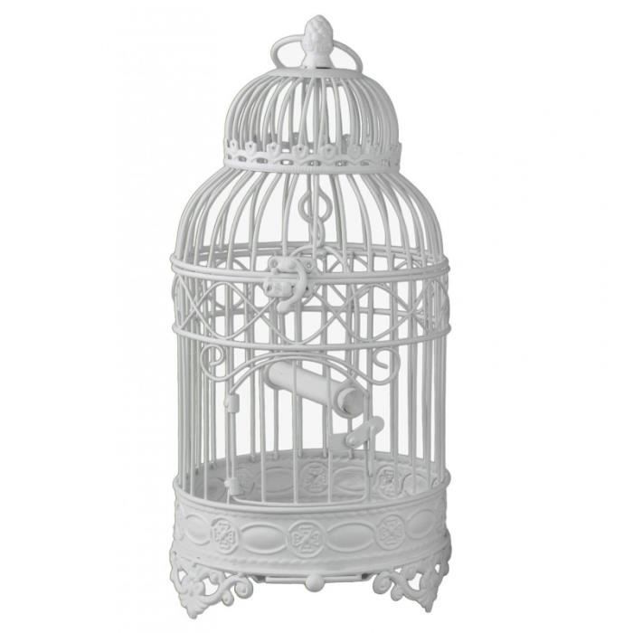 Grande Cage à Oiseaux De Jardin Intérieur Extérieur Ronde En Fer Patiné Blanc 25x25x56cm