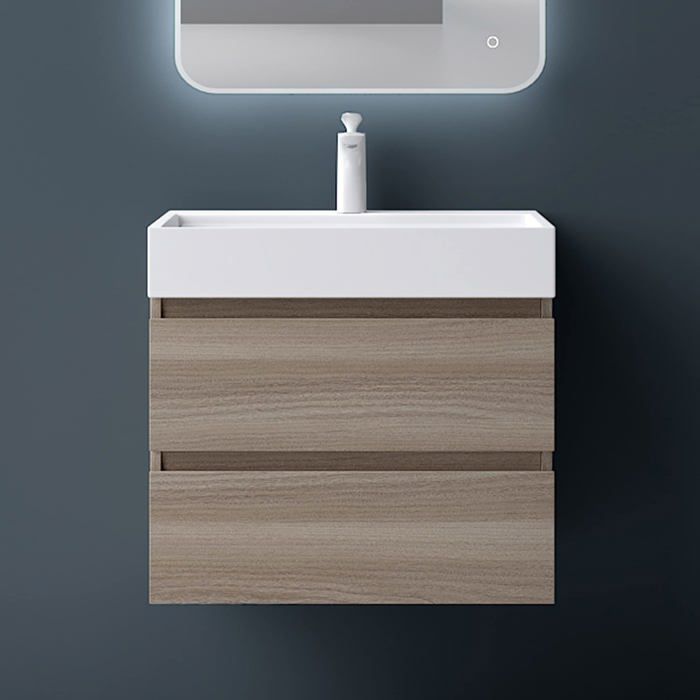 Mai & Mai® Meuble sous Lavabo Chêne Clair Meubles de Salle de Bain 60x38x56cm Meuble Suspendu avec 2 Tiroirs + Lavabo + Bonde