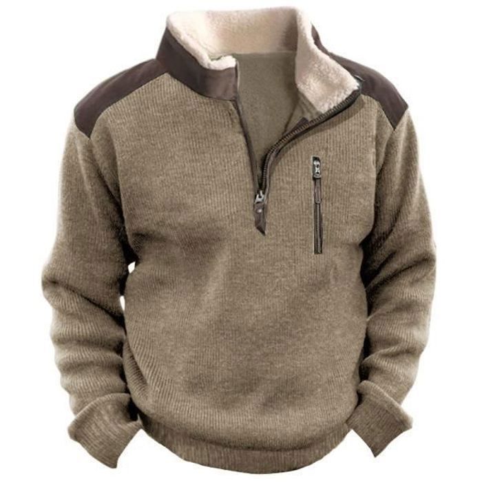 Pull Homme en Tricot Col à Fermeture Éclair Chaud Polaire Automne Hiver  Sweat Manches Longues Couleur Constraste